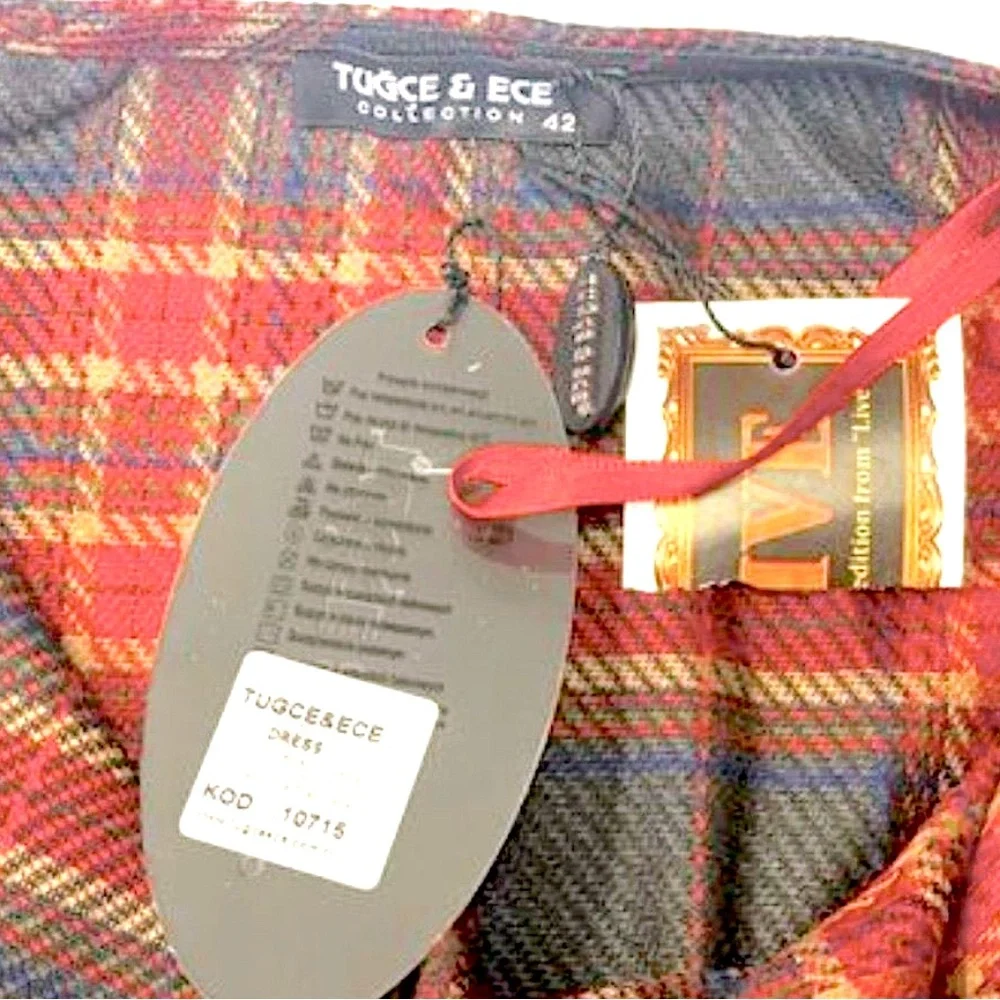 NEW Tugce & Ece Bold Red & Gray Tartan Collection Midi Dress with Pockets SZ 6‎